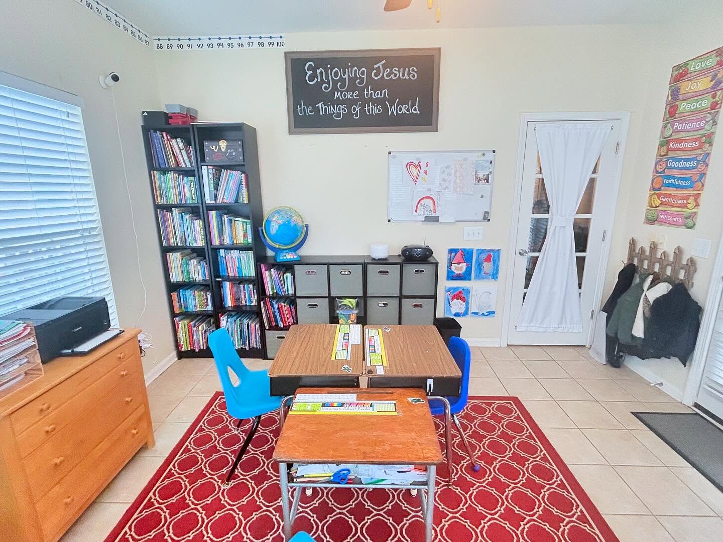 Decluttered homeschool bookshelves and labeled storage cubes after home organization service in Western NC